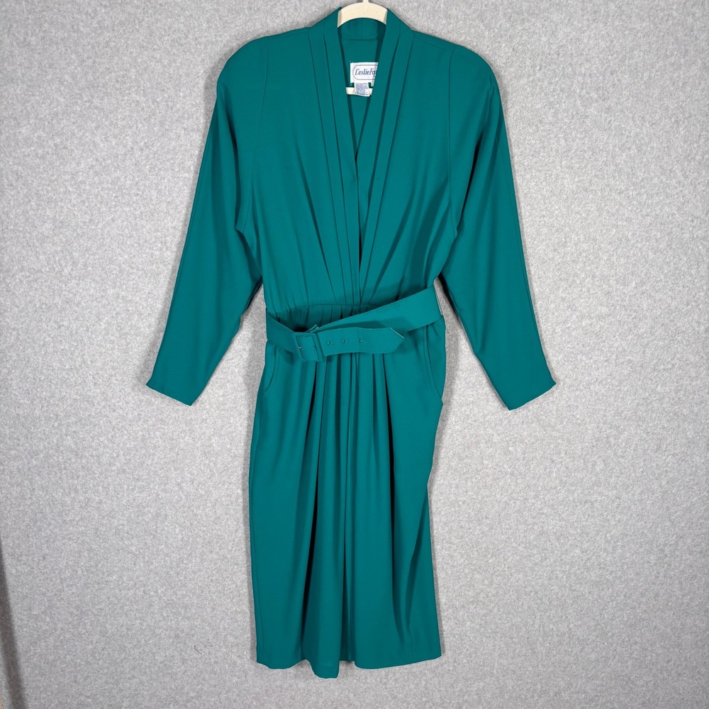 Vintage Leslie Fay Pleated Belted Midi Dress 10 Teal Pockets Career 90s 80s